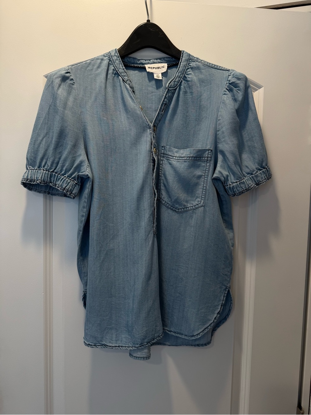 For The Republic Light Blue Denim-Style Puff Sleeve Tunic